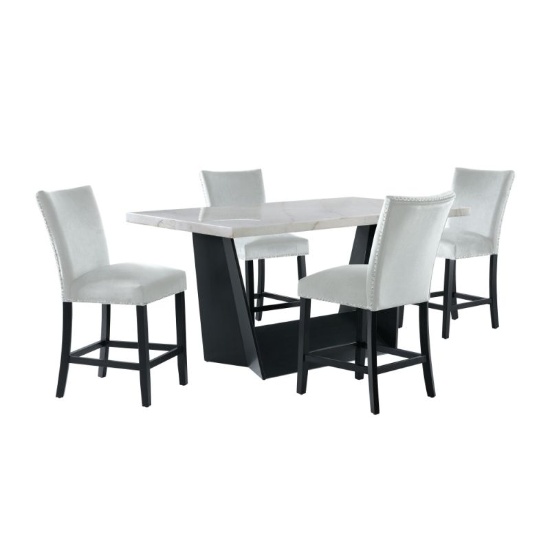 Picket House Furnishings - Dillon 5PC Counter Height Dining Set in White - Table & Four Grey Counter Velvet Chairs - CDBYC100-F300-5PC