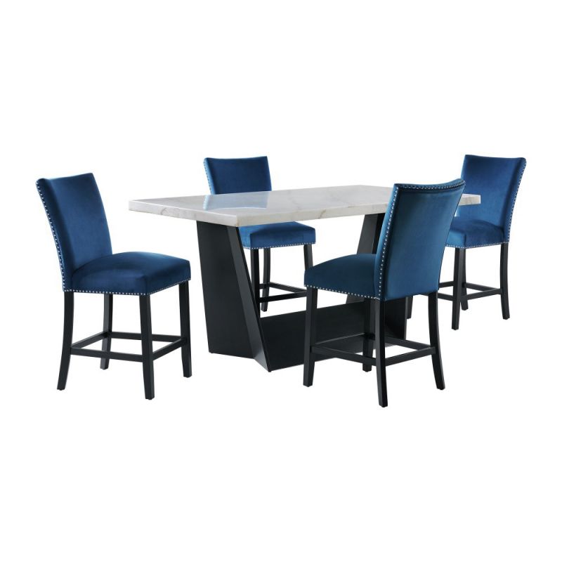 Picket House Furnishings - Dillon Counter Height White 5PC Dining Set-Table & Four Velvet Chairs in Blue - CDBYC100.700.5PC