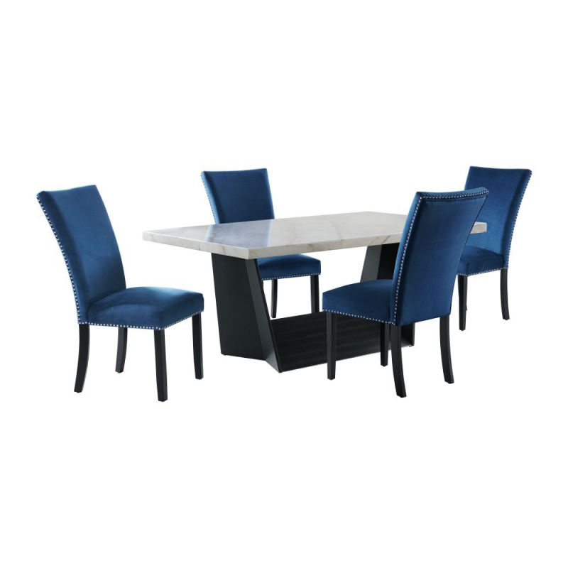 Picket House Furnishings - Dillon Standard Height White 5PC Dining Set-Table & Four Velvet Chairs in Blue - CDBY100.700.5PC