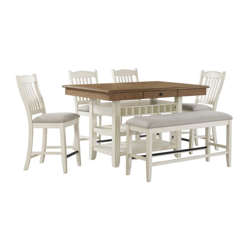 Picket House Furnishings - Marlow 6PC Counter Height Dining Set in Walnut and Antique White-Table, Four Chairs & Bench - D-10600-7-CT-6PC