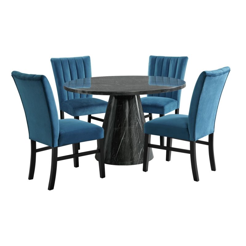Picket House Furnishings - Odette 5PC Dining Set in Grey-Round Table & Four Navy Blue Velvet Chairs - D-1153-RDTCN-5PC