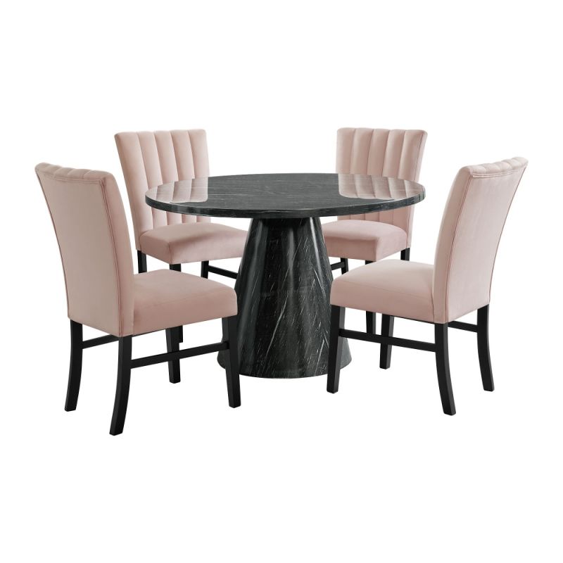 Picket House Furnishings - Odette  5PC Dining Set in Grey-Round Table & Four Pink Velvet Chairs - D-1153-RDTCP-5PC