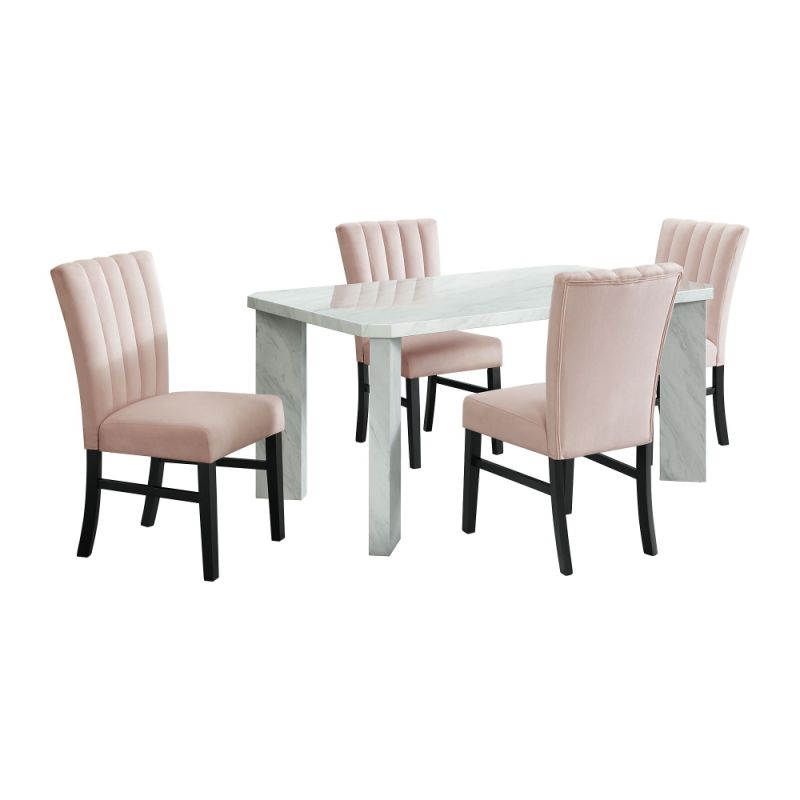 Picket House Furnishings - Odette White 5PC Dining Set in White-Rectangle Table & Four Pink Velvet Chairs - D-1157-RCTCP-5PC