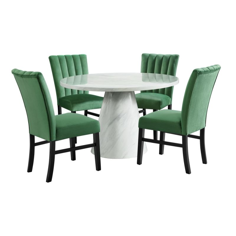 Picket House Furnishings - Odette White 5PC Dining Set in White-Round Table & Four Emerald Velvet Chairs - D-1157-RDTCE-5PC