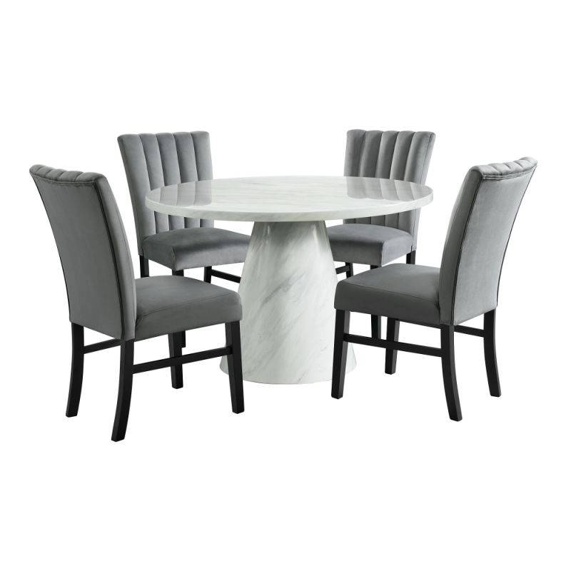 Picket House Furnishings - Odette White 5PC Dining Set in White-Round Table & Four Grey Velvet Chairs - D-1157-RDTCG-5PC