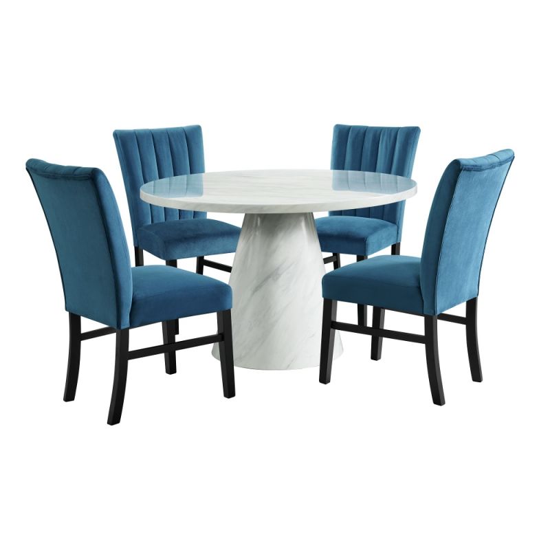 Picket House Furnishings - Odette White 5PC Dining Set in White-Round Table & Four Navy Blue Velvet Chairs - D-1157-RDTCN-5PC