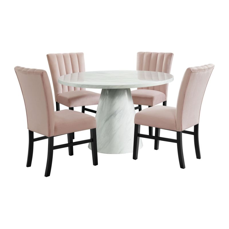 Picket House Furnishings - Odette White 5PC Dining Set in White-Round Table & Four Pink Velvet Chairs - D-1157-RDTCP-5PC