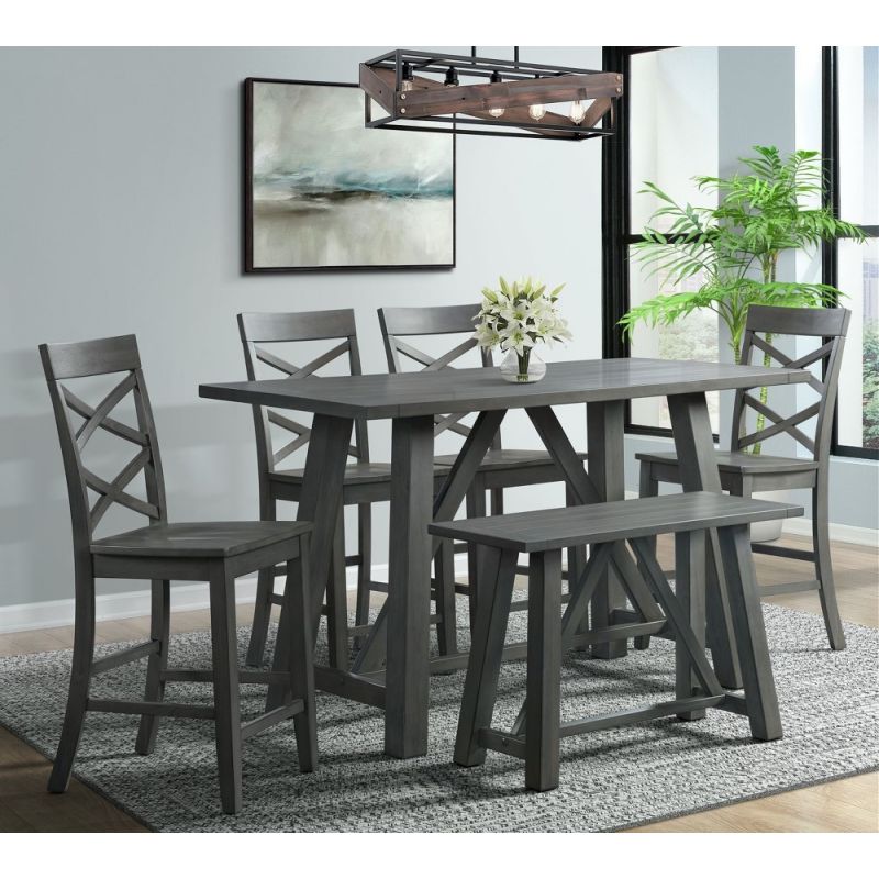 Picket House Furnishings - Regan 6PC Counter Height Dining Set in Gray-Table, 4 Side Chairs and Bench - DRN3006CS
