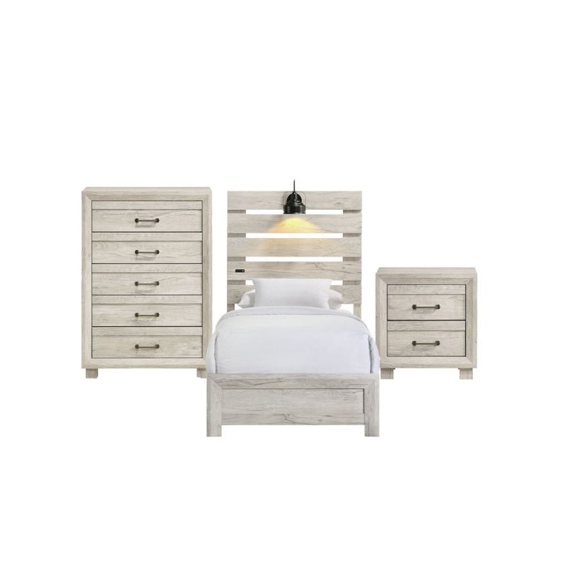 Picket House Furnishings - Tarrant Twin with Lights & USB 3PC Bedroom Set in White - B-3460-7-TBL-3PC