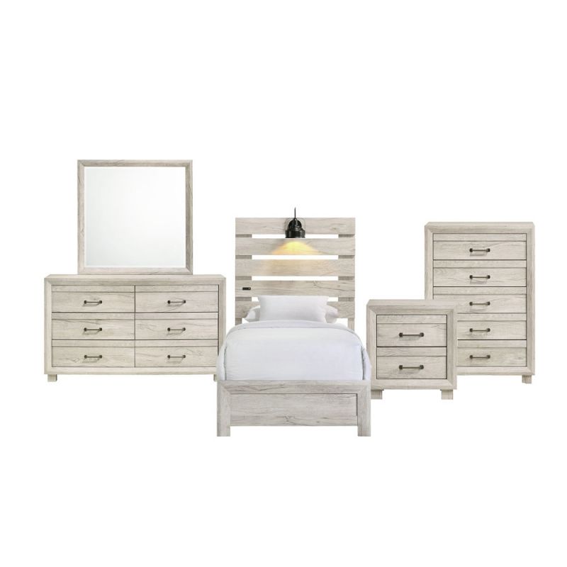 Picket House Furnishings - Tarrant Twin with Lights & USB 5PC Bedroom Set in White - B-3460-7-TBL-5PC