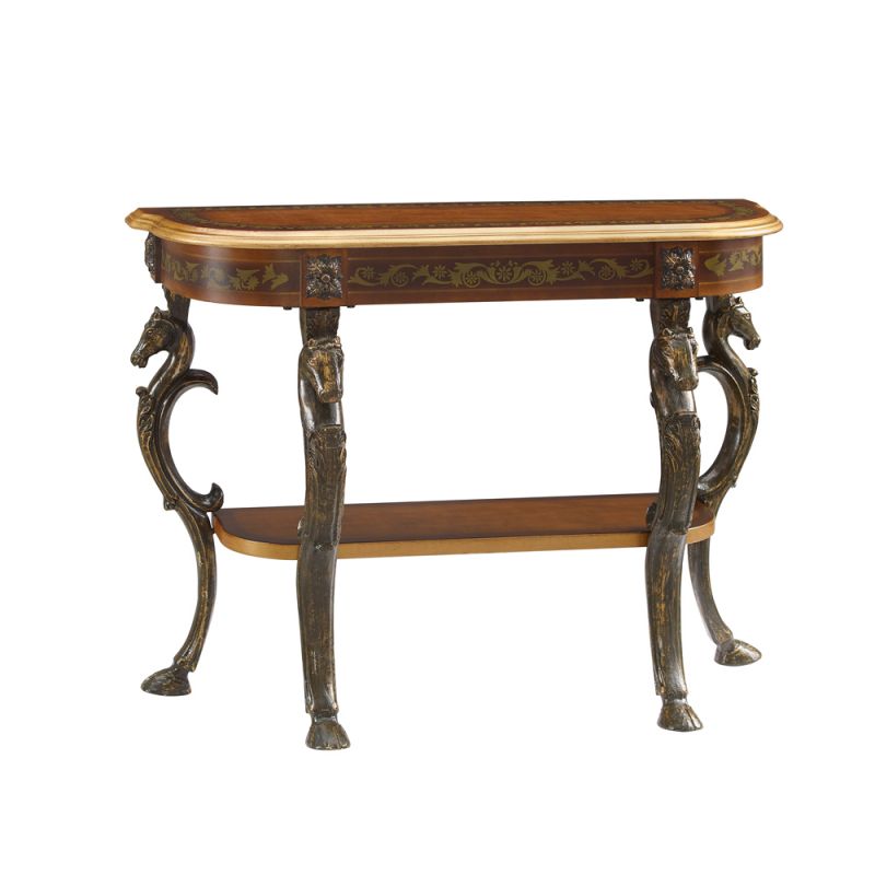 Powell Company - Masterpiece Floral Demilune Console Table With Horse Head, Hoofed-Foot Cast Legs & Display Shelf - 416-225