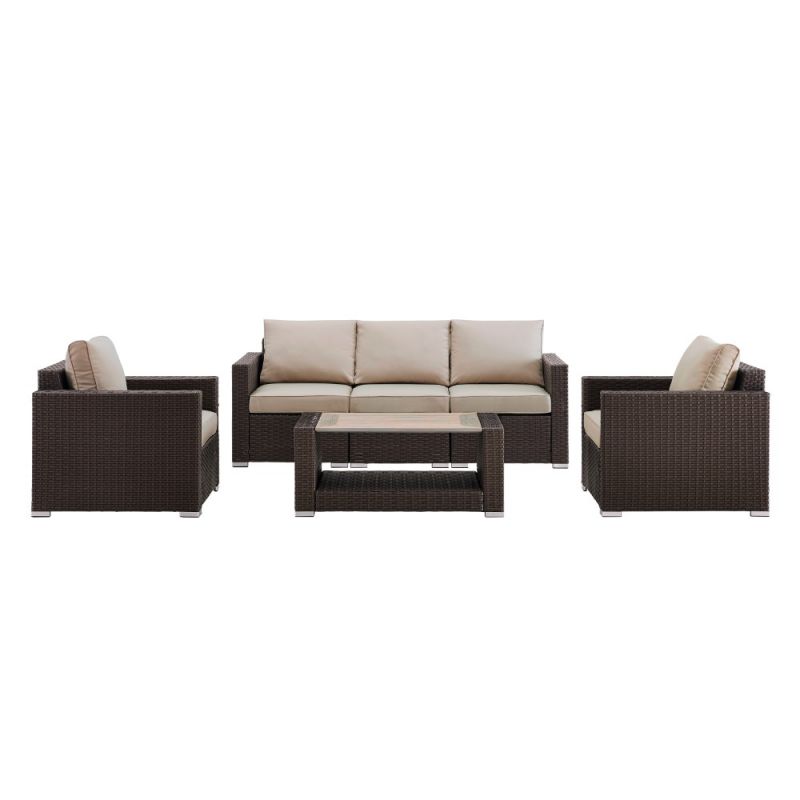 Pulaski - Woven Upholstered 4 Piece Outdoor Entertaining Set in Rustic Brown / Beige - End Table, 2 Accent Chairs and Sofa - DS-D320-K1