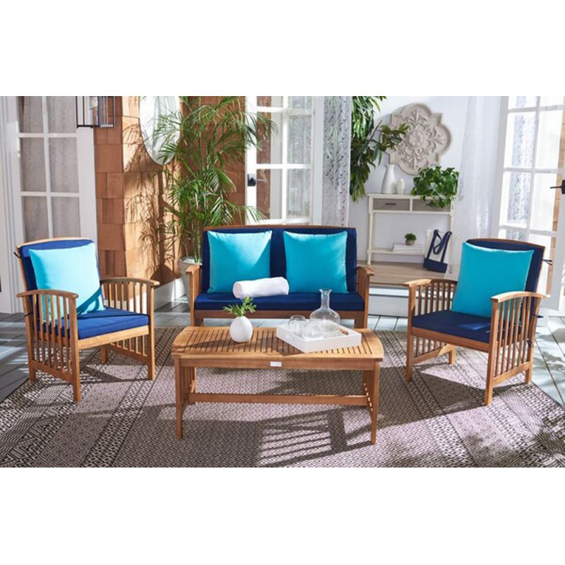 Safavieh - Rocklin 4 Pc Outdoor Set - Natural - Nvy+Solid Plw - PAT7007C