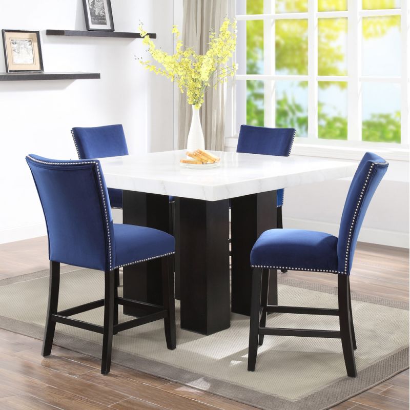 Steve Silver - Camila Square 5PC Counter Set Blue Chair - White Table Top - CM540-C5PC-B