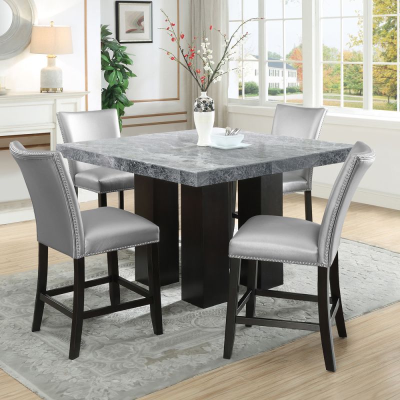 Steve Silver - Camila Square 5PC Counter Set Silver Chair - Gray Table Top - CM540-C5PC-GS