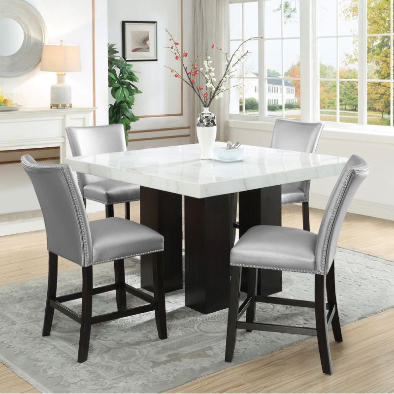 Steve Silver - Camila Square 5PC Counter Set Silver Chair - White Table Top - CM540-C5PC-S