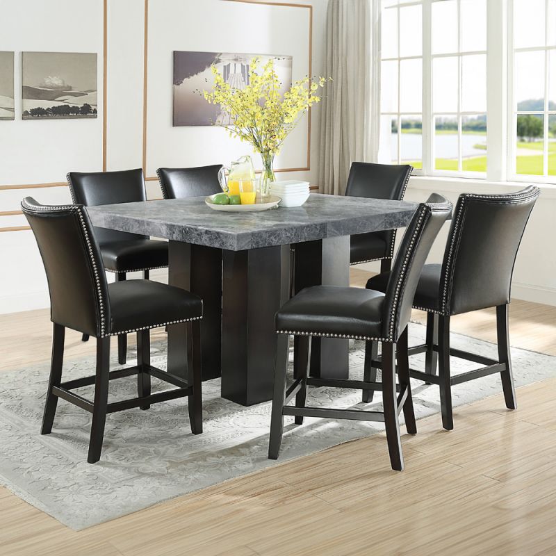 Steve Silver - Camila Square 7PC Counter Set Black Chair - Gray Table Top - CM540-C7PC-GK