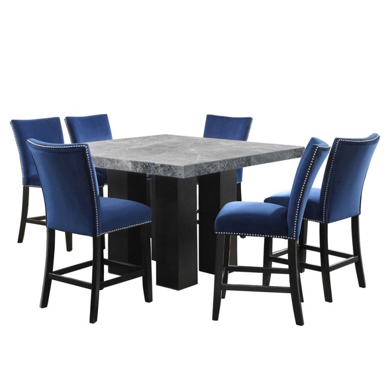 Steve Silver - Camila Square 7PC Counter Set Blue Chair - Gray Table Top - CM540-C7PC-GB