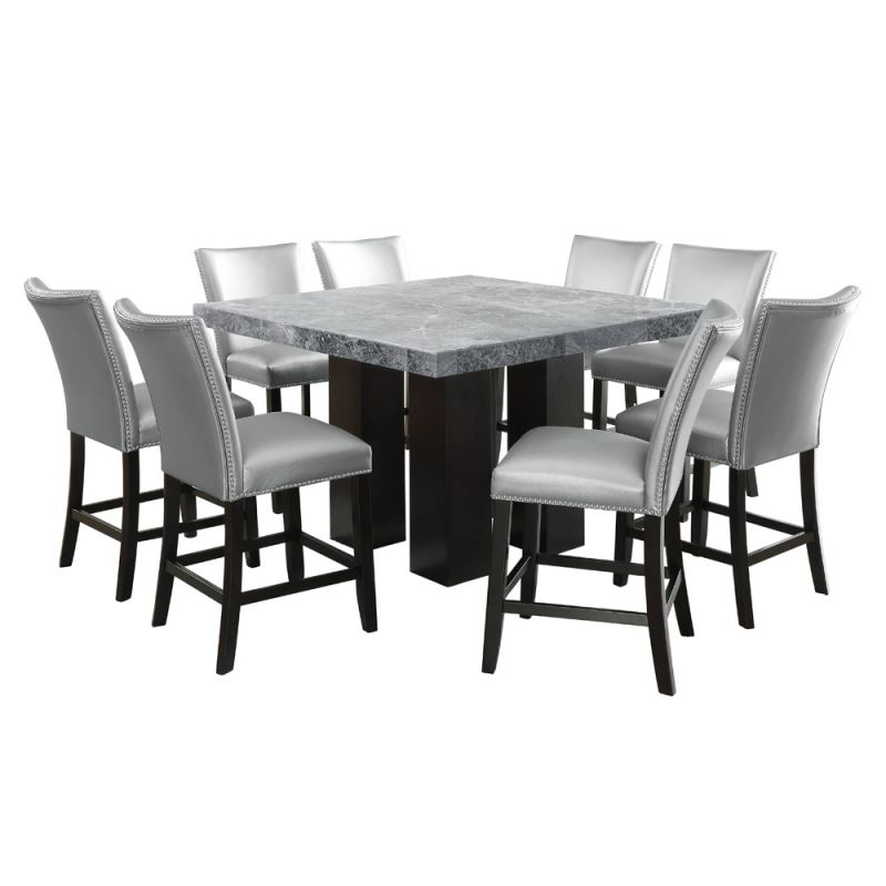 Steve Silver - Camila Square 9PC Counter Set Silver Chair - Gray Table Top - CM540-C9PC-GS
