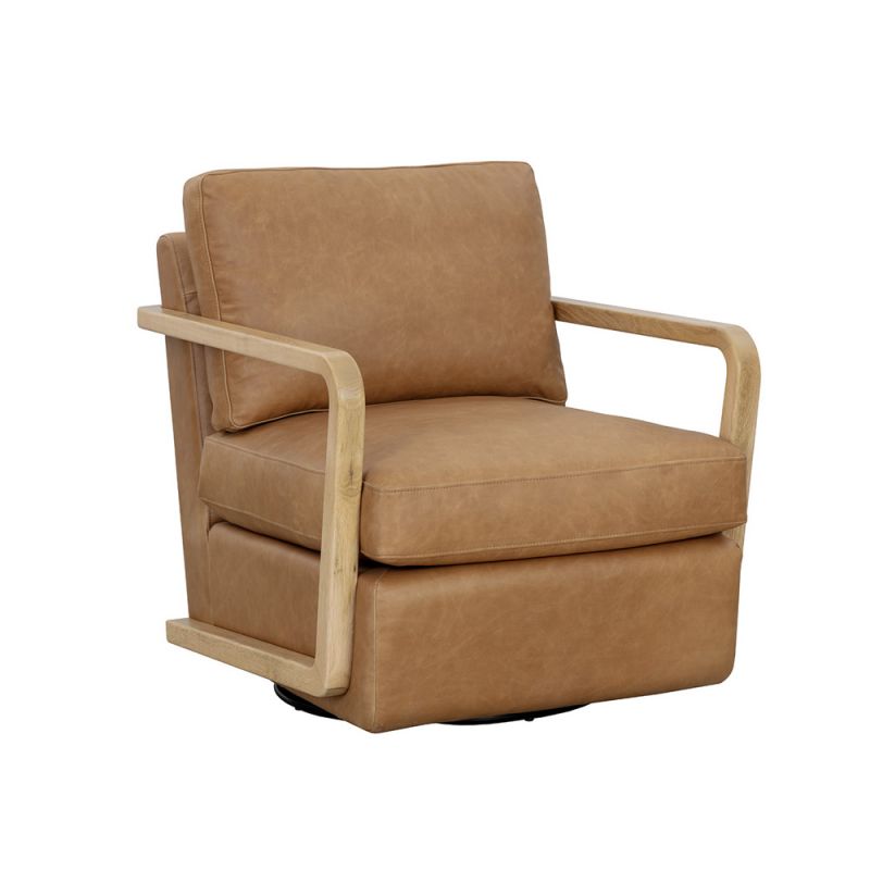 Sunpan - Westport Castell Swivel Lounge Chair - Rustic Oak - Ludlow Sesame Leather - 111249