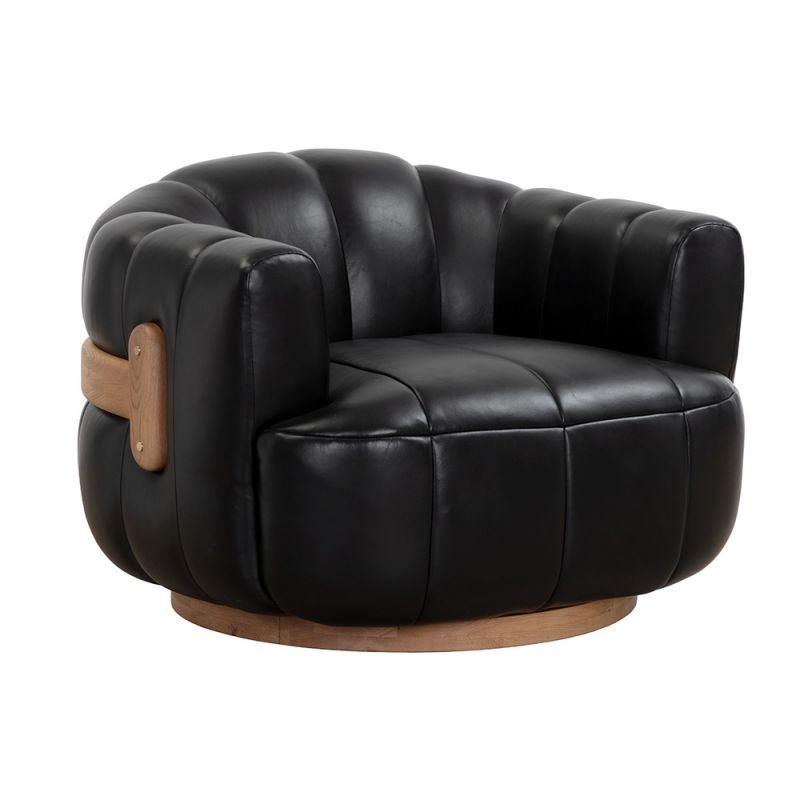 Sunpan - Tadeo Swivel Lounge Chair - Rustic Oak Wood - Vintage Black Night Leather - 111079