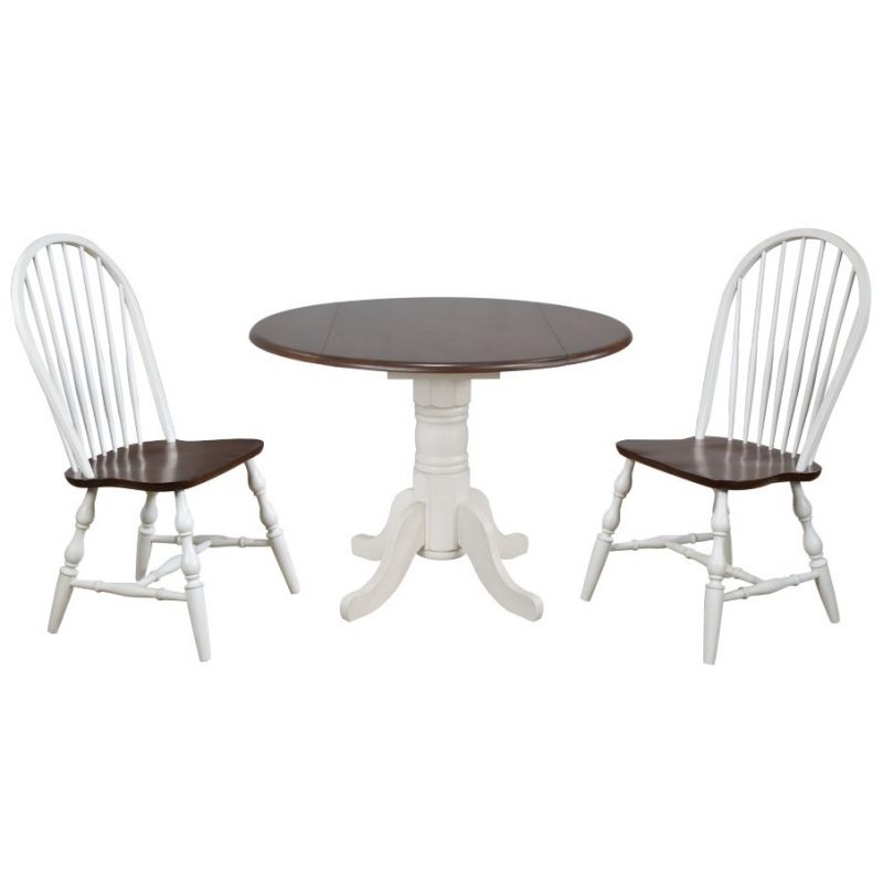 Sunset Trading - Andrews 3 Piece 42 Round Drop Leaf Dining Set In Antique White With Chestnut Top Spindleback Chairs - DLU-ADW4242-C30-CT3PC