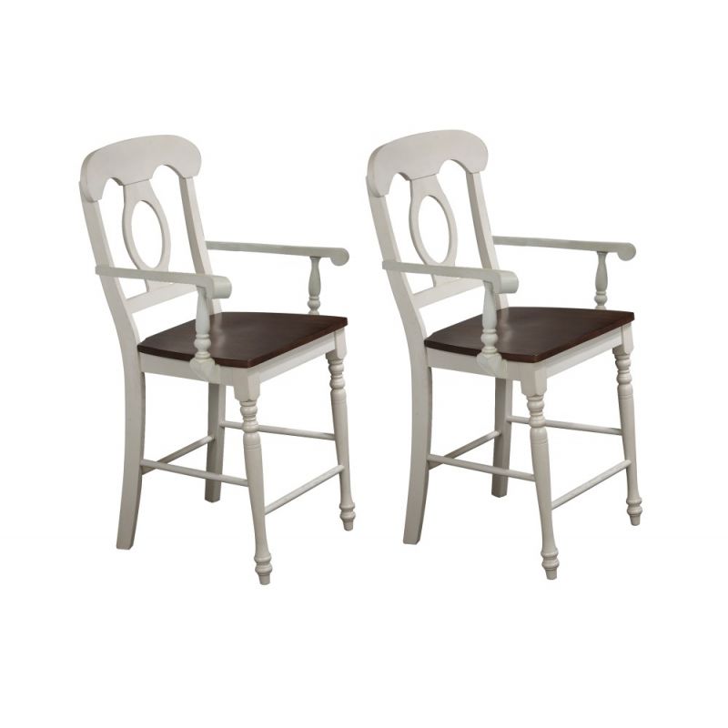 Sunset Trading - Andrews Napoleon Barstool with Arms - Antique White with Chestnut Brown Seat - Counter Height Stool (Set of 2) - DLU-ADW-B50A-AW-2