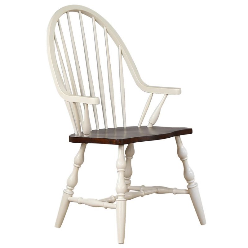 Sunset Trading - Andrews Windsor Dining Chair with Arms - Antique White and Chestnut Brown - DLU-ADW-C30A-AW