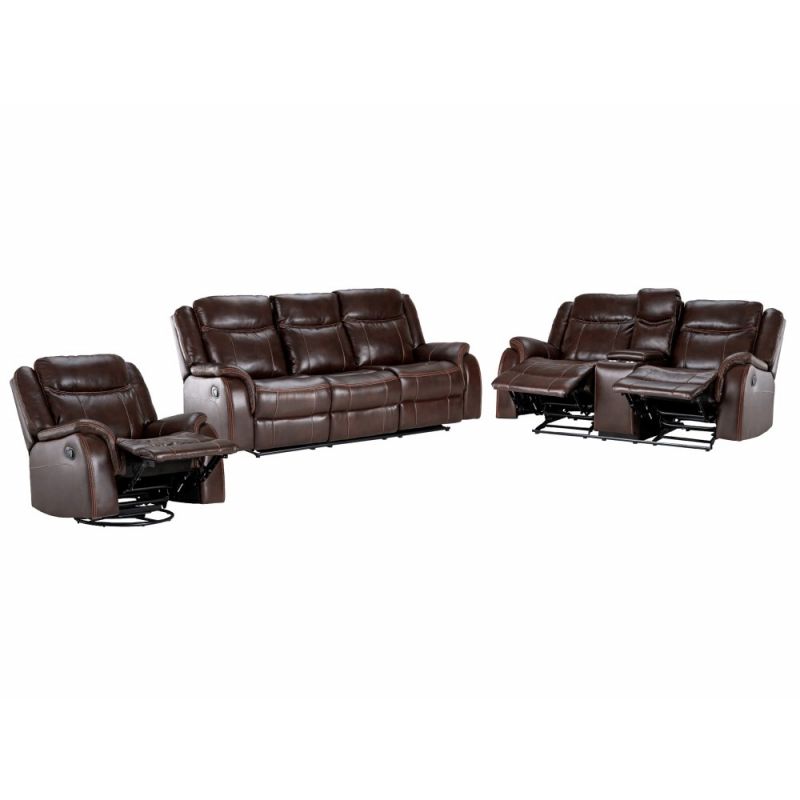 Sunset Trading - Avant 3 Piece Reclining Living Room Set Sofa with Drop Down Console USB, 2 Outlets, Cupholders Dual Rocking Loveseat with Storage Swivel Rocker Brown Faux Leather - SU-AV8604041-3PC