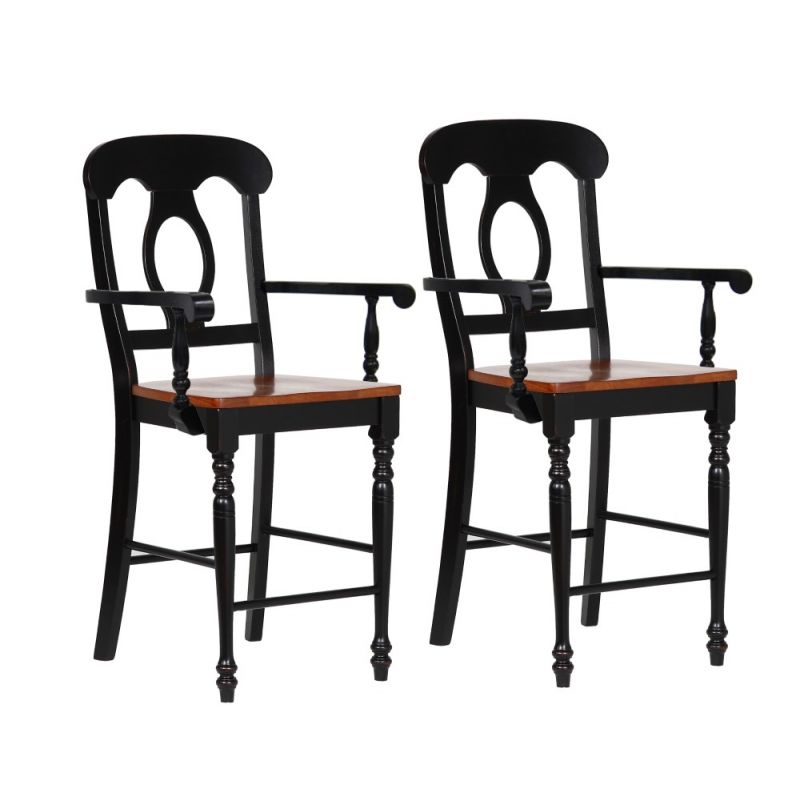 Sunset Trading - Black Cherry Selections Napoleon Barstool with Arms - Antique Black and Cherry - Counter Height Stool (Set of 2) - DLU-B50A-BCH-2