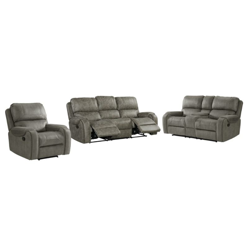 Sunset Trading - Calvin 3 Piece Reclining Living Room Set Sofa, Recliner and Loveseat with Storage Console Nailheads Easy to Clean Gray Upholstery - SU-CL23004100-3PC