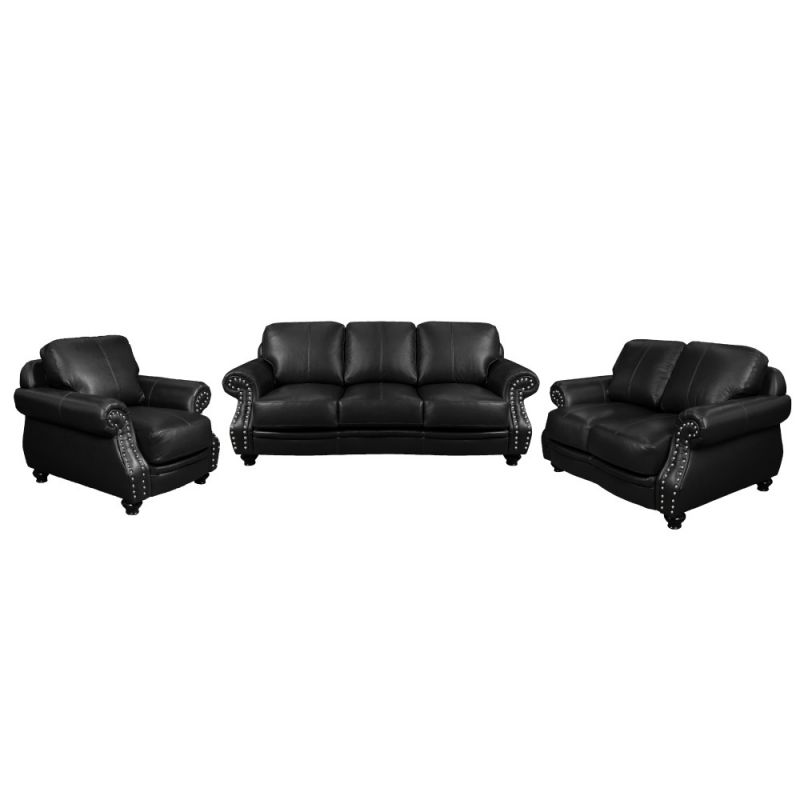 Sunset Trading - Charleston 3 Piece Top Grain Leather Living Room Set Black Rolled Arm Sofa Loveseat and Chair with Nailheads - SU-CR2130-80-LF3P