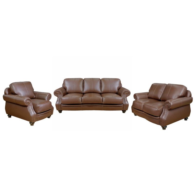Sunset Trading - Charleston 3 Piece Top Grain Leather Living Room Set Chestnut Brown Rolled Arm Sofa Loveseat and Chair with Nailheads - SU-CR2130-86-LF3P