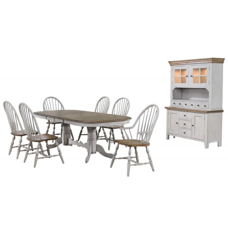 Sunset Trading - Country Grove 8 Piece Double Pedestal Extendable Dining Table Set - 2 Arm Chairs - Lighted China Cabinet - Distressed Gray and Brown Wood - DLU-CG4296-30AGOBH8