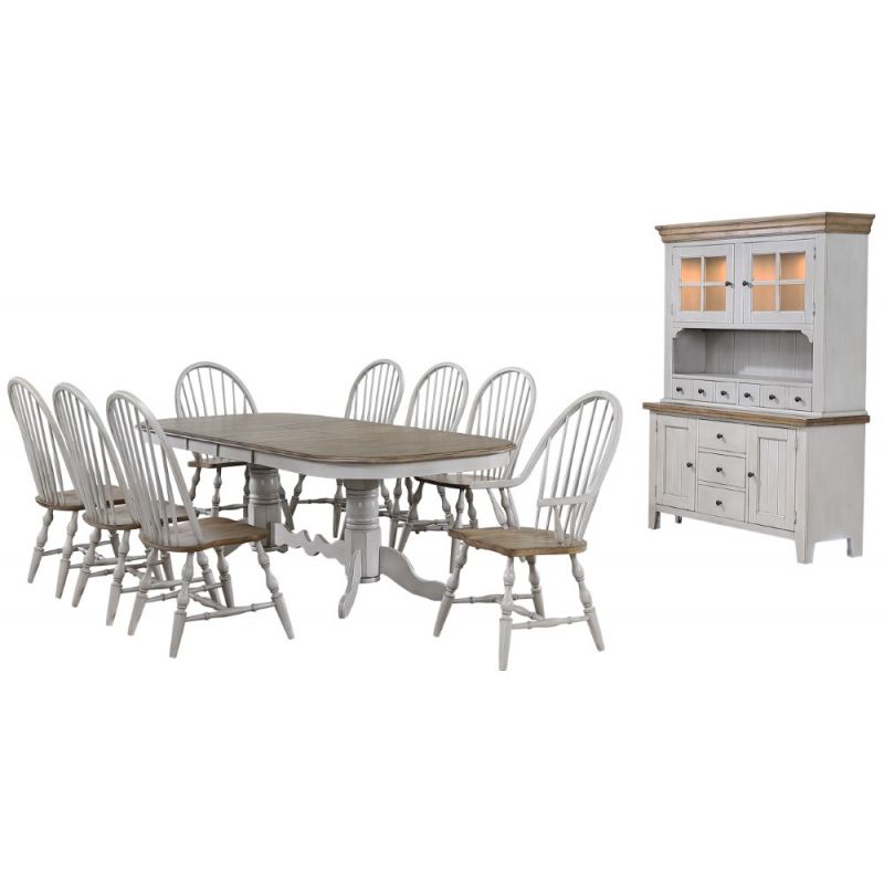 Sunset Trading - Country Grove 10 Piece Double Pedestal Extendable Dining Table Set - 2 Arm Chairs - Lighted China Cabinet - Distressed Gray and Brown Wood - DLU-CG4296-30AGOBH10