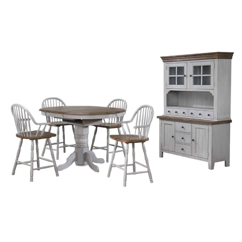 Sunset Trading - Country Grove 6 Piece Round or Oval Extendable Pub Table Set - 4 Barstools with Arms - Lighted China Cabinet - Distressed Gray and Brown Wood - DLU-CG4260CB30AGOBH6