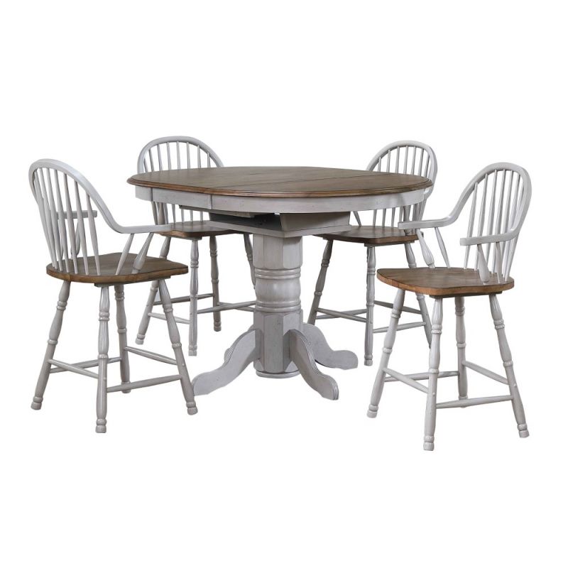 Sunset Trading - Country Grove 5 Piece Round or Oval Extendable Pub Table Set - 4 Barstools with Arms - Distressed Gray and Brown Wood - DLU-CG4260CB30AGO5