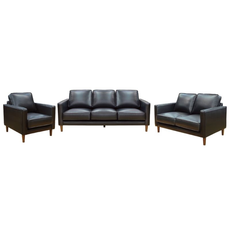 Sunset Trading - Prelude 3 Piece Black Top Grain Leather Living Room Set Mid Century Modern Sofa Loveseat and Chair - SU-PR15070-80-E3P