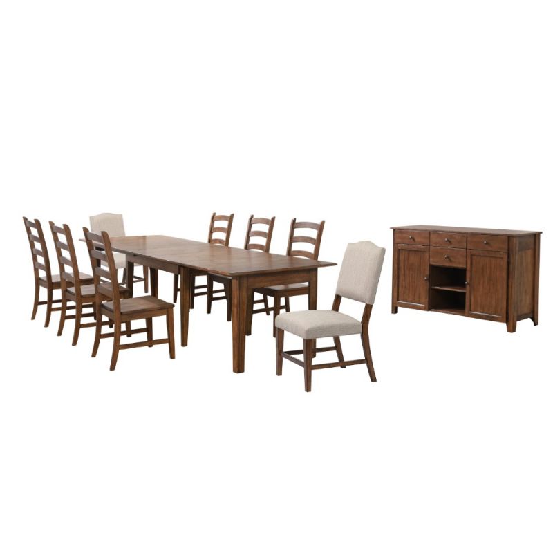 Sunset Trading - Simply Brook 10 Piece Rectangular Extendable Dining Set - 4 Size Table - Upholstered Chair - Sideboard Buffet - Amish Brown - DLU-BR134-C85AMSB10P