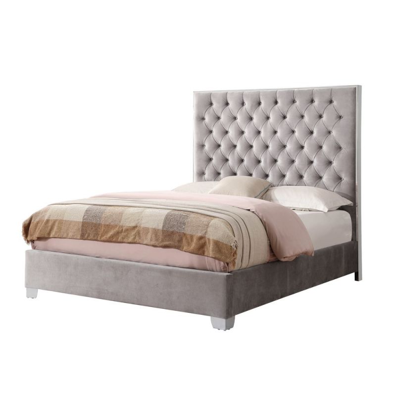 Wallace & Bay - James Cloud Gray Cal King Upholstered Bed with Velvet-Like Fabric, Chrome Trim, Button Tufted Headboard, And Platform-Style Base - B510046