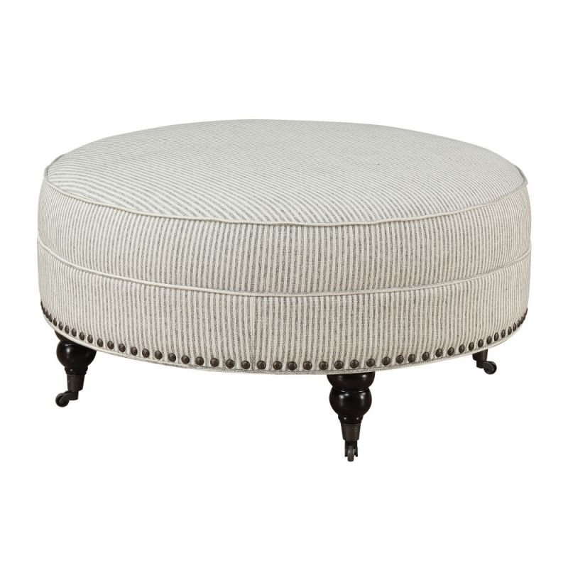 Wallace & Bay - Sampson Rustic Stipe Round Ottoman with Turned Feet, Nailhead Trim, And Seam Welting - U510415