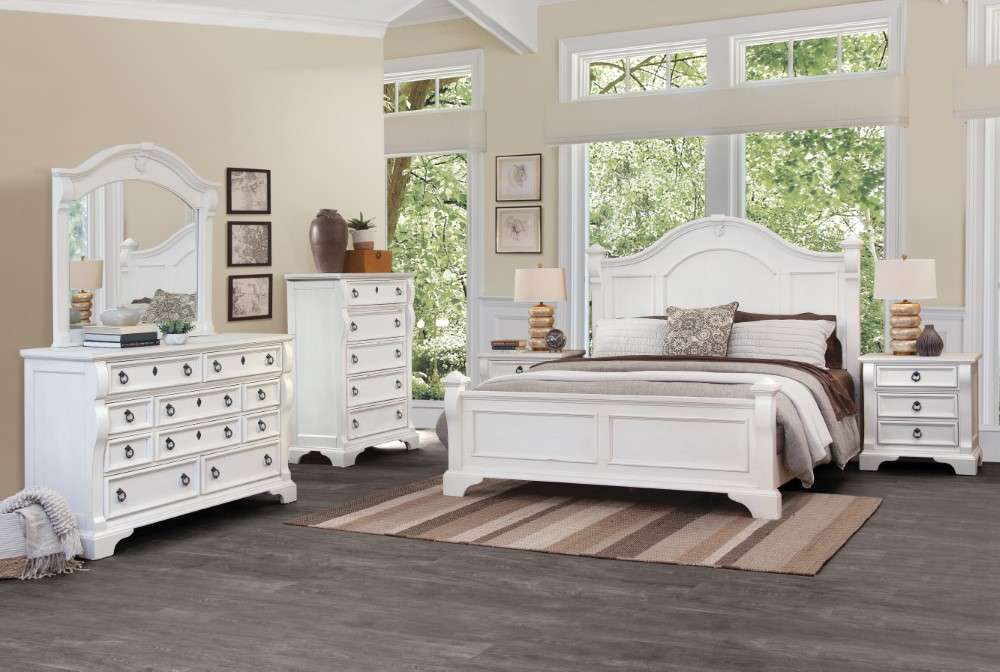 American Woodcrafters - Heirloom 5 Pc Bedroom Set - Queen Bed, Dresser,  Mirror, Chest, Nightstand - Antique White - 2910-QPOPO-5PC