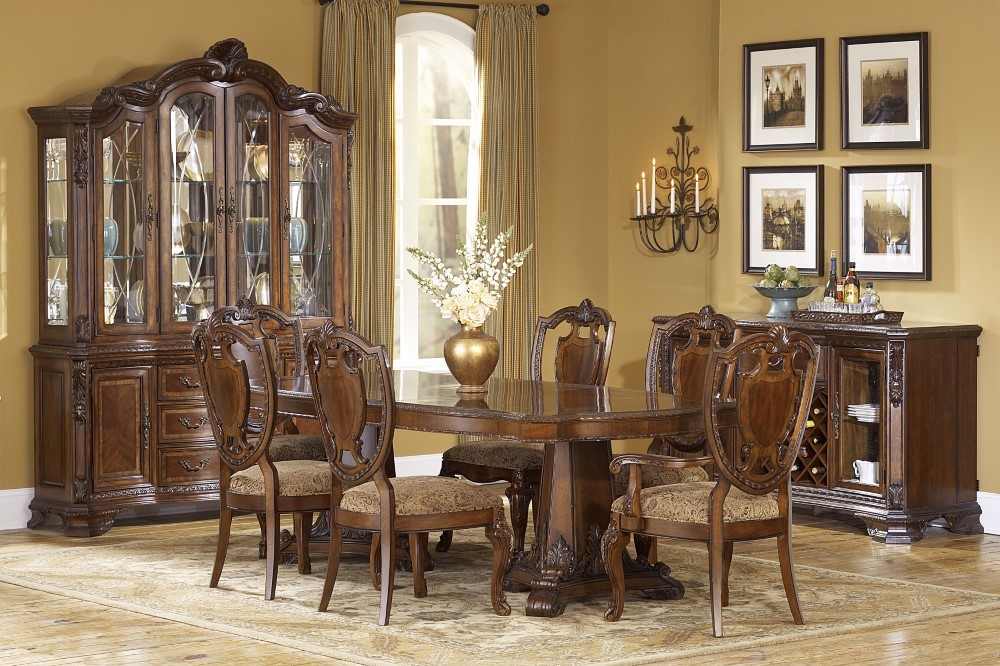 Old World 8pc Dining Pedestal Table Set, Formal Dining Room Sets With China Cabinet And Buffet