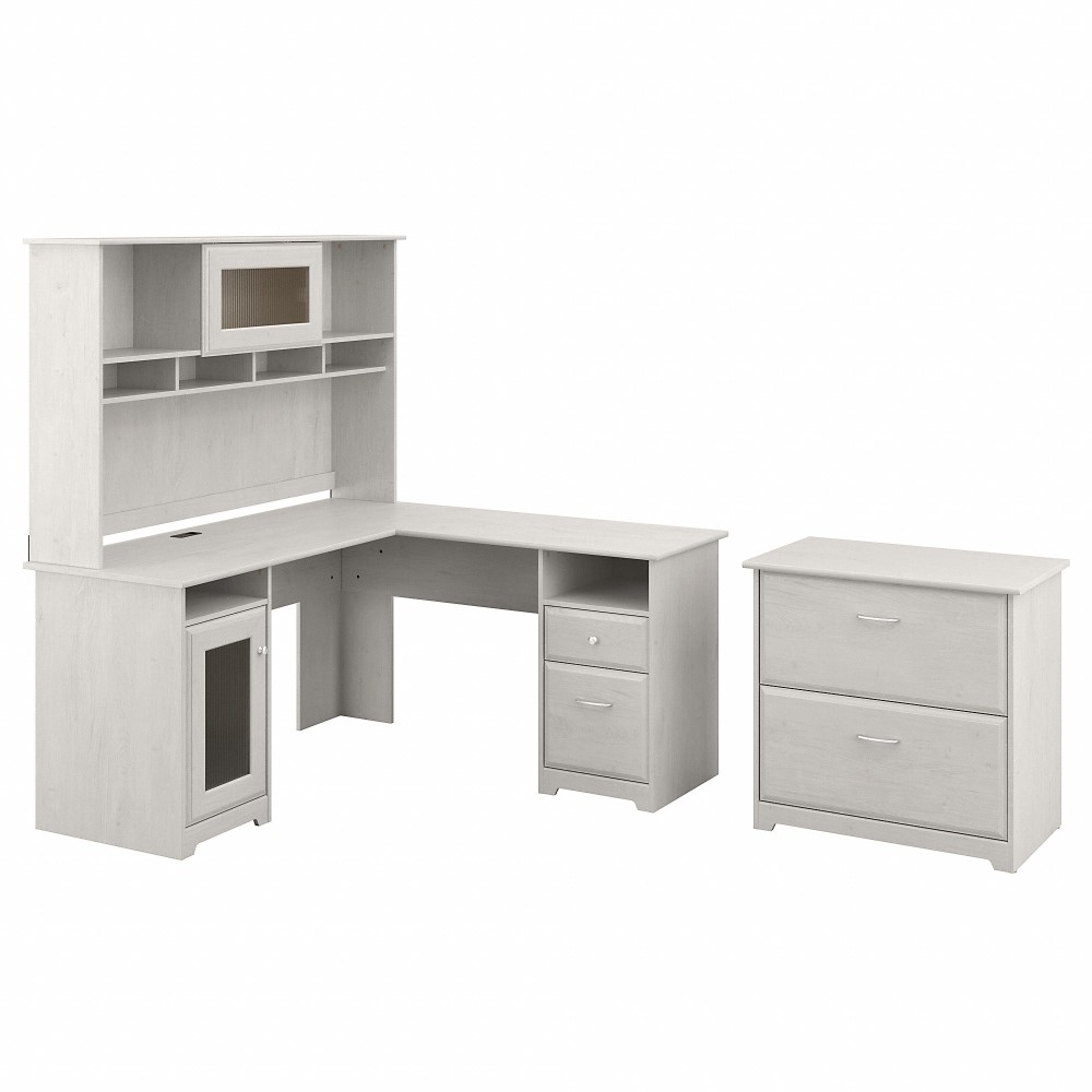 Bush Furniture Cabot 60w L Shaped Computer Desk With Hutch And Lateral File Cabinet In Linen White Oak Cab005lw