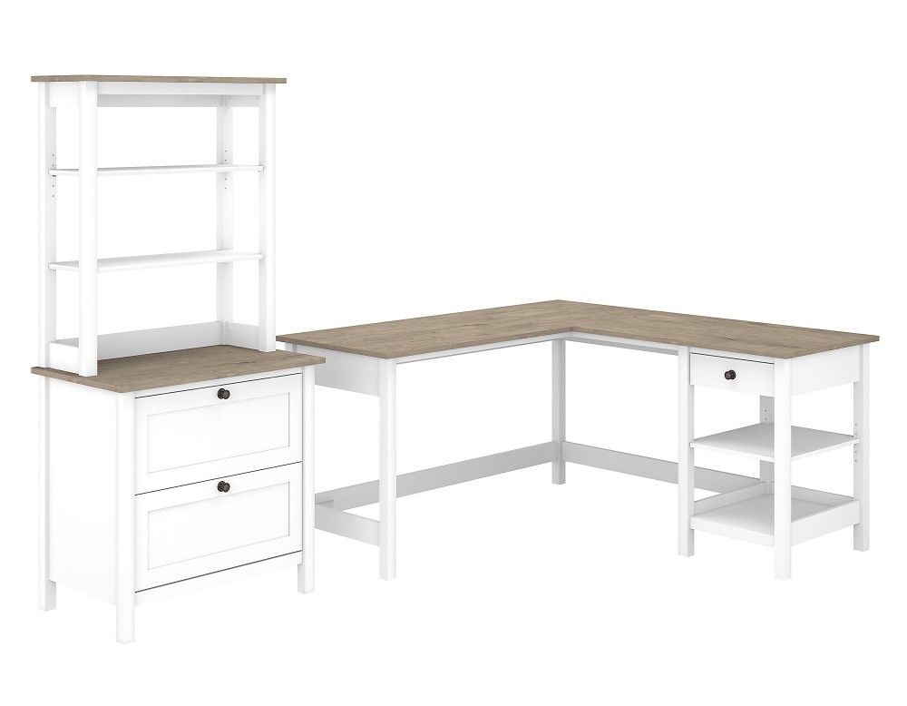 Bush Furniture Mayfield 60w L Shaped, White Corner Desk With Filing Cabinet