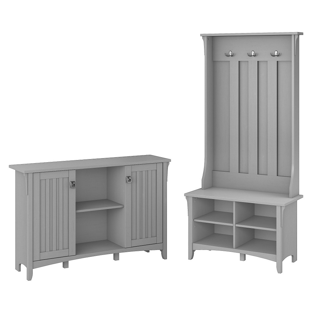 Bush Furniture Key West Entryway Storage Set with Hall Tree Shoe Bench and Console Table Washed Gray
