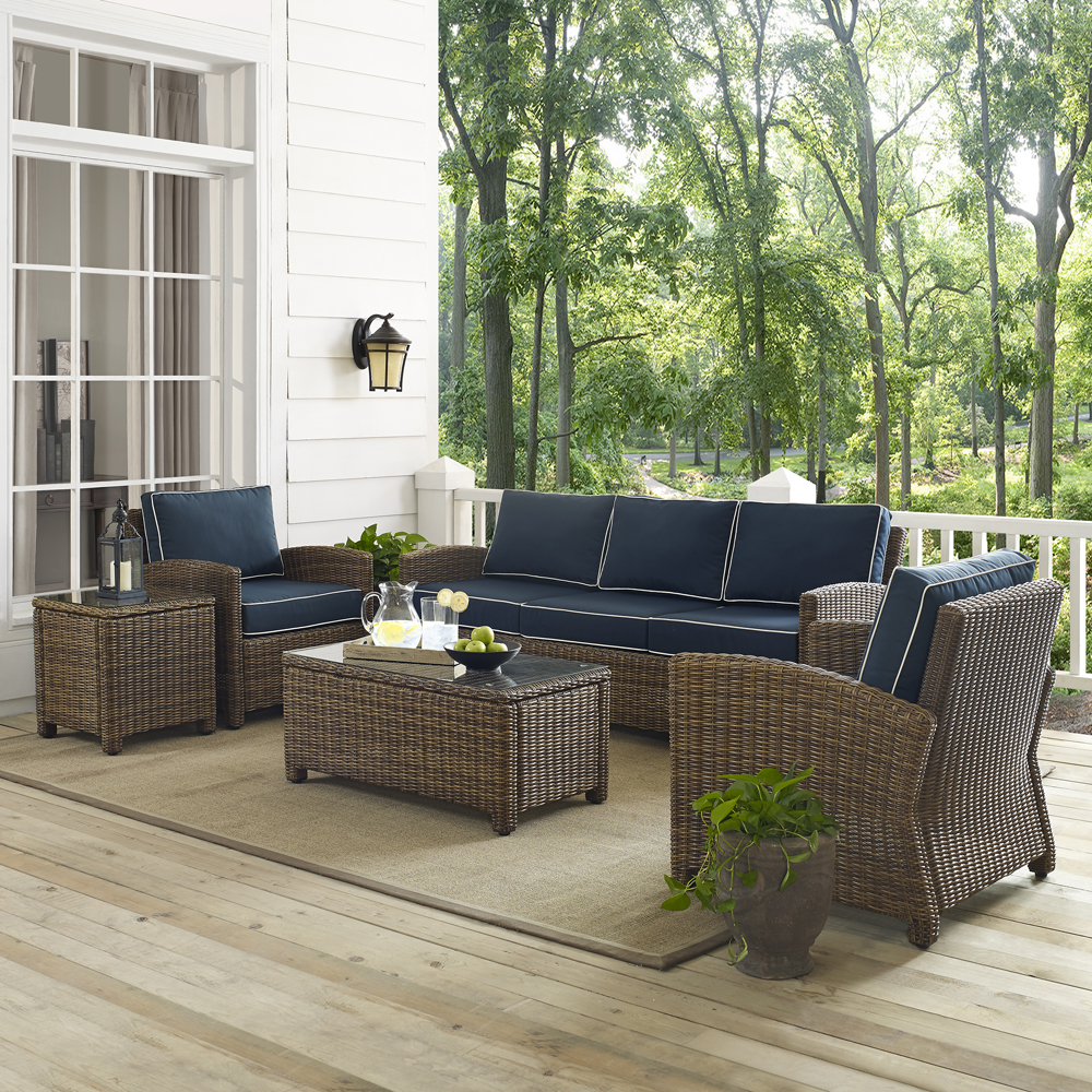 Navy Crosley Furniture 3-Piece Bradenton Outdoor Wicker Bar Set with Two Stools and Cushions 