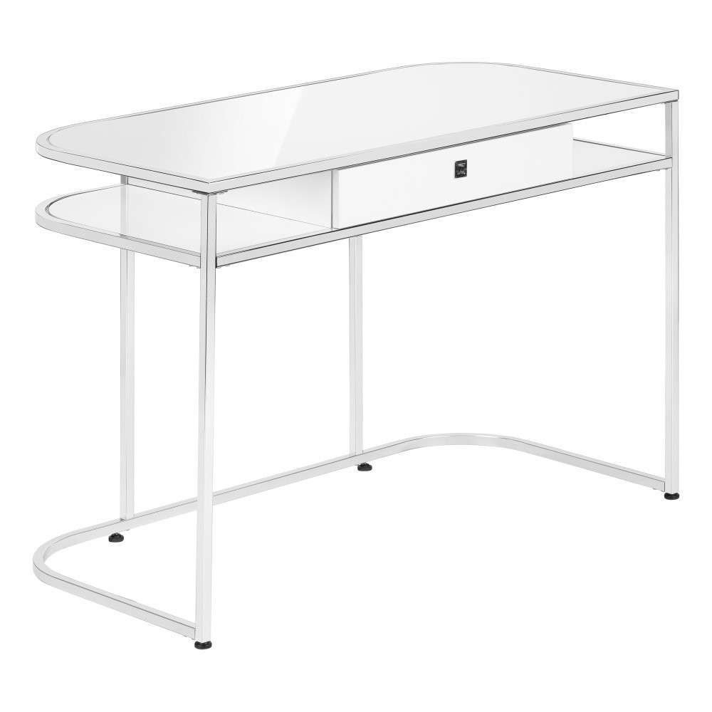 Monarch Specialties Contemporary Home and Office - 1 Storage Drawer and 2 Open Shelves Computer Desk Chrome 48 L Glossy White  