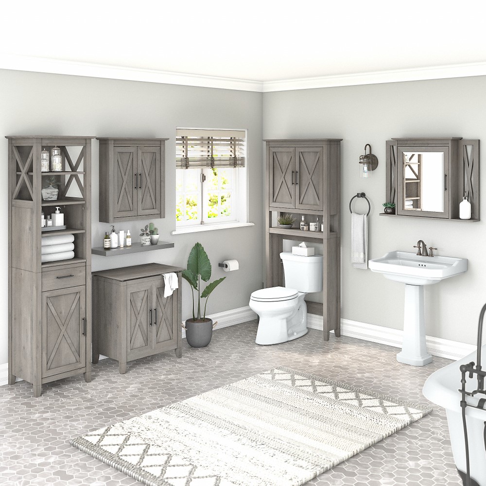 Bush Furniture Key West Farmhouse Bathroom Storage Set With Cabinets Mirror Hamper And Shelf In Driftwood Gray Kws040dg