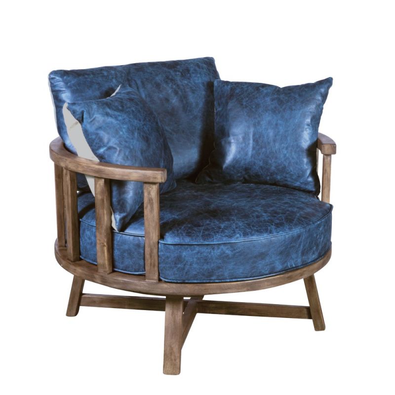 Pulaski Leather Swivel Club Chair with Wood Base in Navy